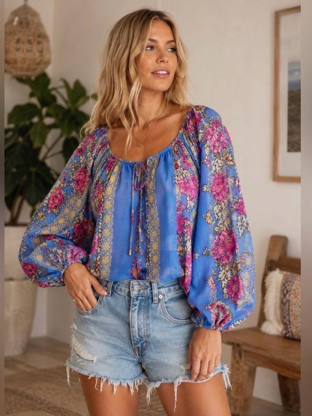 Free People Elena Printed Top Boho Floral Peasant Top Size Large